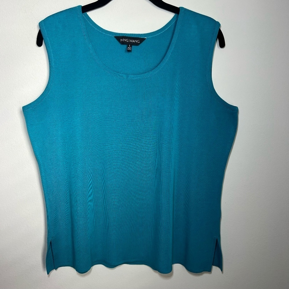 Ming Wang Scoop Neck Sleeveless Knit Top Teal Shell Side Slit Stretch Tank Large